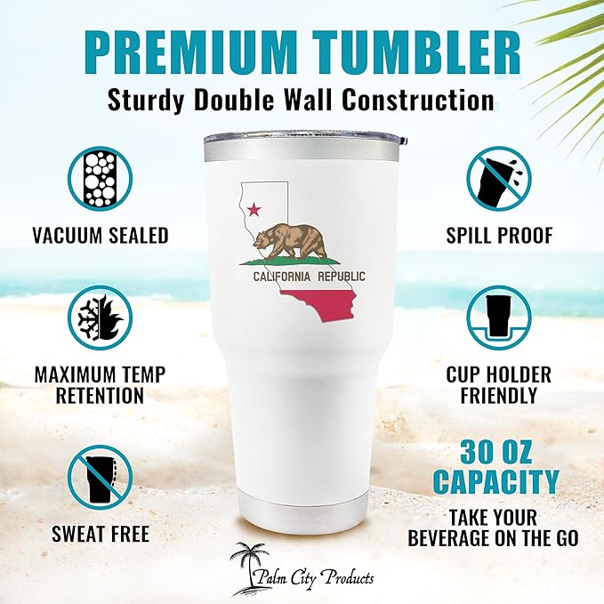 Premium 30 oz California White Tumbler with Slider Lid – Insulated Stainless Steel with California Flag and Map - for California Gifts, Souvenirs, Moving to California gift, and California Pride