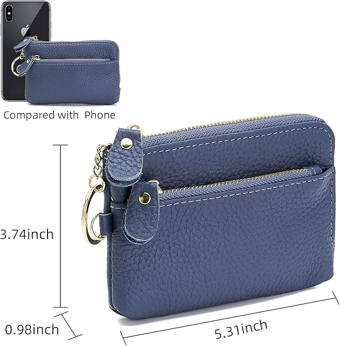 Genuine Leather Coin Purse for Women with Large Opening & Wrist Strap Navy (Navy)