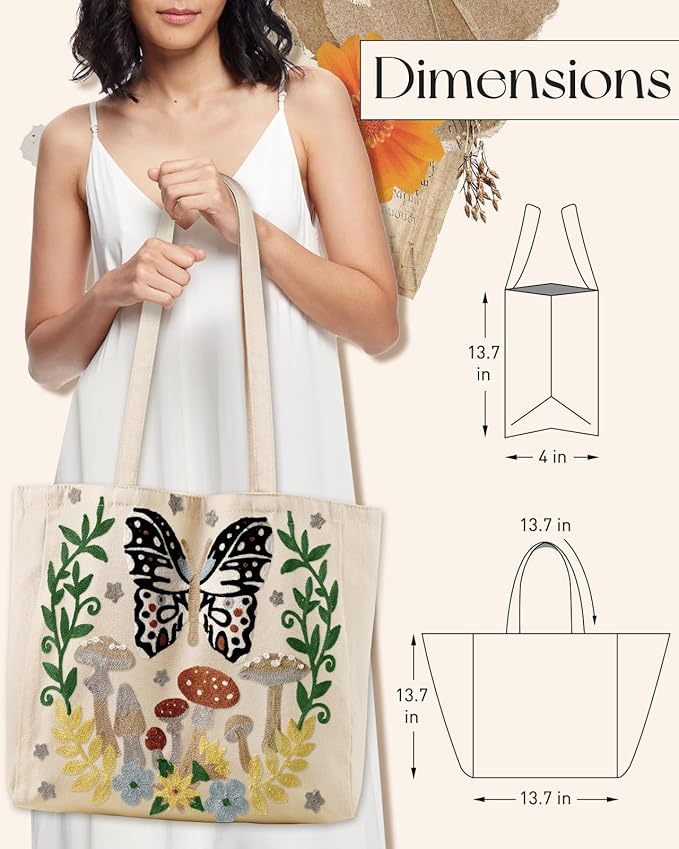 Miss Adola Aesthetic Embroidery Tote Bag for Women - Reusable Canvas Cute Shoulder Bag for Shopping, Grocery, Work, Book