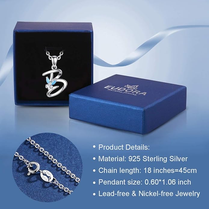 EUDORA Sterling Silver Butterfly Initial Necklaces for Women, Elegant Letter Neckles Personalized Gift for Mother, Sister, Daughter, 18 inch Chai