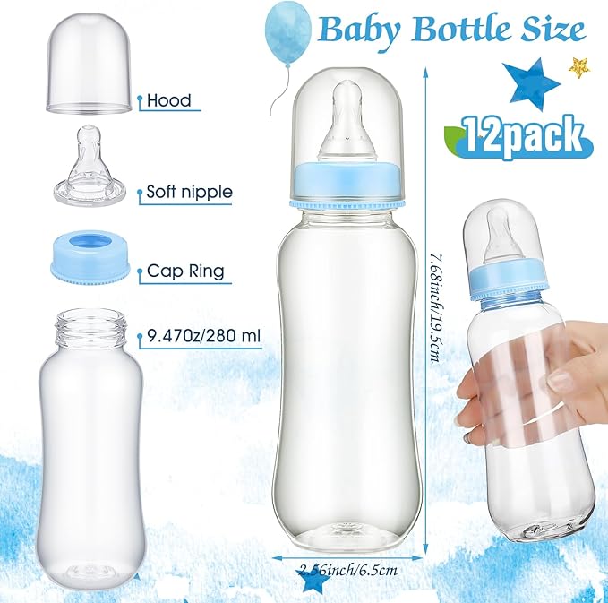 TrelaCo Cool Baby Shower Games Bottle Chug Sign Wooden Blue Bear Theme Gift Sets Gender Reveal Party Favors and 12 Pcs Baby Bottle Shower Favor for Gender Reveal