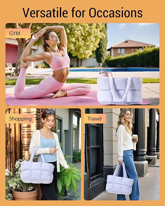 Herald Puffer Tote Bag for Women, Large Quilted Puffy Handbag Lightweight Satchel Purse with Cup Holder & Compartment