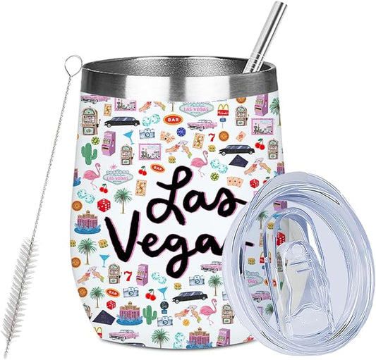 Las Vegas Gifts Travel Souvenir Wine Tumbler 12 oz Insulated Wine Glass Cup with Lid Straw Vacuum Insulated Cup,Travel Lovers Gifts for Women Men Friend Birthday Christmas Friendship