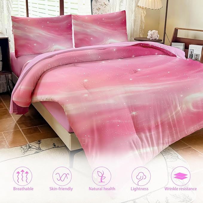 Full Size Bedding Sets Kids Bedding Sets for Girls, Galaxy Bedding 5 Pieces Bed in A Bag Full Size, Glitter Colorful Comforter for Girls