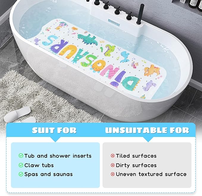 Baby Bath Mat for Tub Non Slip Kids Bathtub Mat Extra Long 40X16 Inch Toddler Bath Tub Shower Mat Anti Slip with Suction Cups & Drain Holes, Machine Washable (Dino Letters)