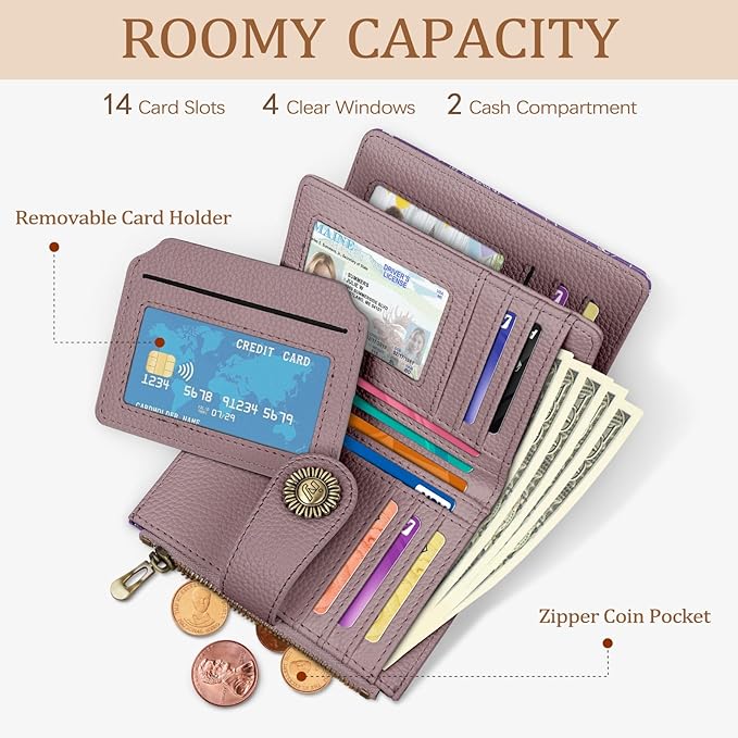 Goth Gothic Small Wallet Women RFID Blocking Bifold, Credit Card Holder, Zipper Coin Pocket, Witchy Magic, PU Leather, Compact, Travel, 4 ID Window, 14 Card Slots, Cash Purse, Ladies Woman