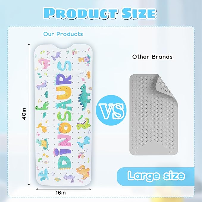 Baby Bath Mat for Tub Non Slip Kids Bathtub Mat Extra Long 40X16 Inch Toddler Bath Tub Shower Mat Anti Slip with Suction Cups & Drain Holes, Machine Washable (Dino Letters)