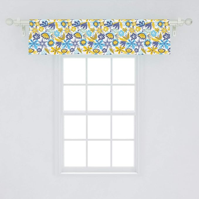 Ambesonne Floral Window Valance, Abstract Flowers Chrysanthemum Design and Tender Butterflies, Curtain Valance for Kitchen Bedroom Decor with Rod Pocket, 54" X 12", Earth Yellow Blue