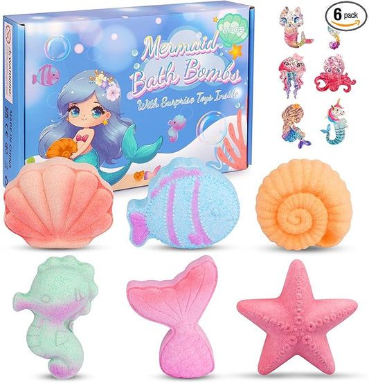 Mermaid Bath Bombs for Girls Kids with Surprise Inside, 6PCS Organic Essential Oil Bubble Bath Bombs for Kids，Christmas Birthday Gift for 3-8 Mermaid Princess Party Favors
