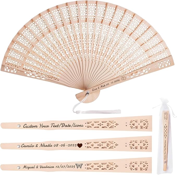 MBDFUT 110Pcs Custom Sandalwood Wedding Fans with Organza Bags, Foldable Hand Fans for Women, Personalized with Text/Date, Wedding Party Favors for Guests