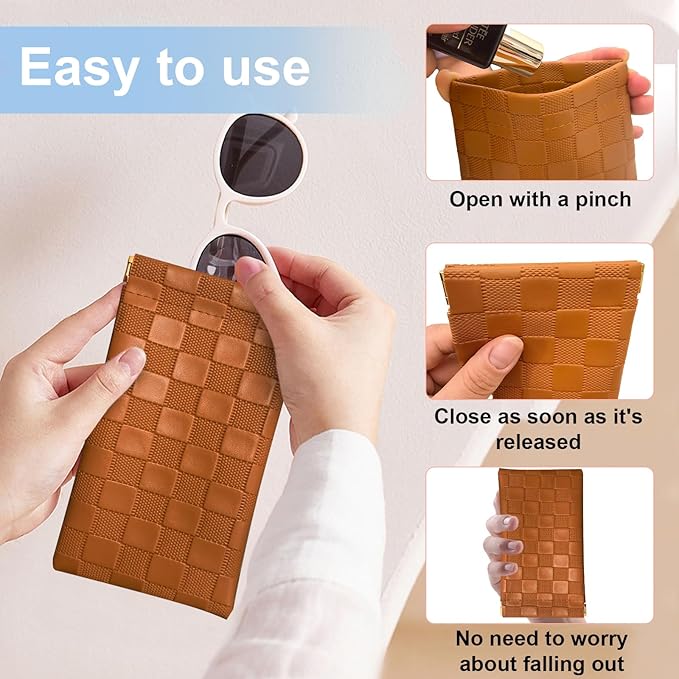 4PCS Small Makeup Bag for Purse, Mini Leather Pocket Cosmetic Bag for Women, Waterproof Portable Makeup Pouch No Zipper Coin Purse Lipstick Bag Accessories, Checkered Travel Storage Bag(White, Brown)