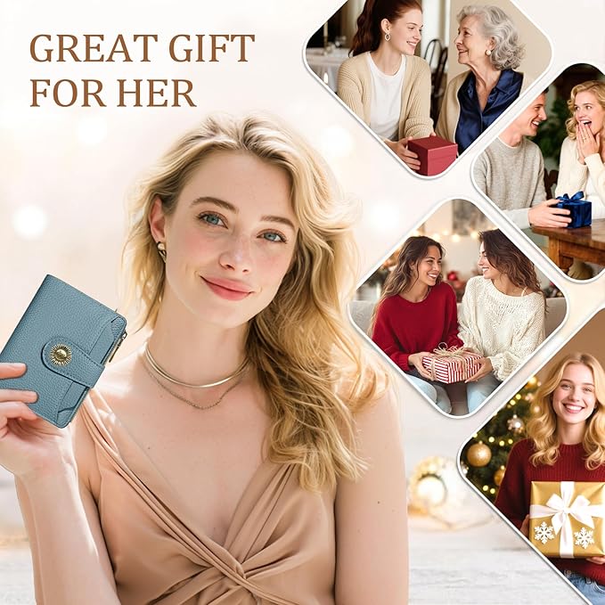 Blue Small Wallet Women RFID Blocking Bifold, Credit Card Holder, Zipper Coin Pocket, PU Leather, Compact, Travel, 4 ID Window, 14 Card Slots, Cash Purse, Ladies Woman Female Girls