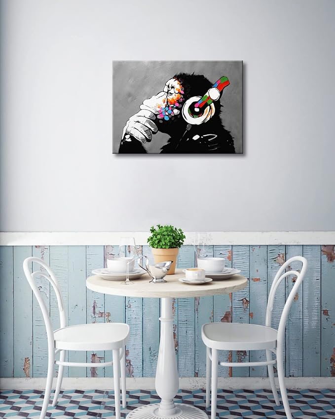 Wieco Art Monkey With Headphones Banksy Graffiti Art Abstract Canvas Painting Posters and Prints Animal Canvas Wall Art for Wall Decor and Home decorations Office Decor