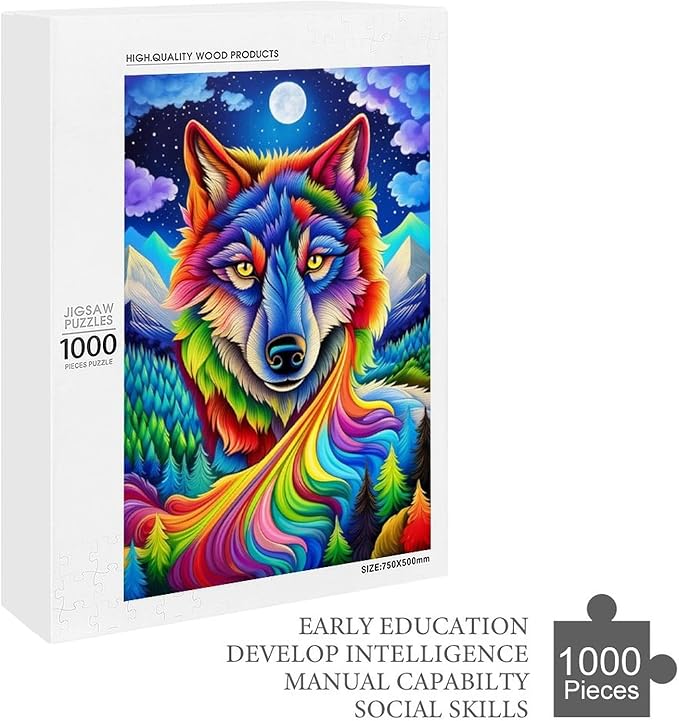Wooden Puzzle - Colorful Wolf Jigsaw Puzzles，Wooden Puzzles for Adults 1000 Pieces Challenge Puzzles，Educational Games，Family Puzzles，Unique Gifts for Wall Art,Funnny Puzzles