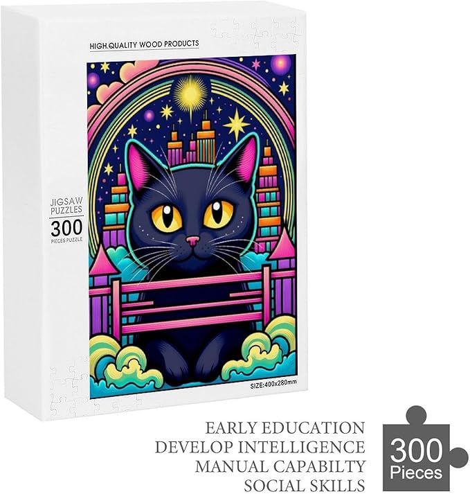 Wooden Puzzle - Dreamy Starry Night Cat Jigsaw Puzzles，Wooden Puzzles for Adults 300 Pieces Challenge Puzzles，Educational Games，Family Puzzles，Unique Gifts for Wall Art