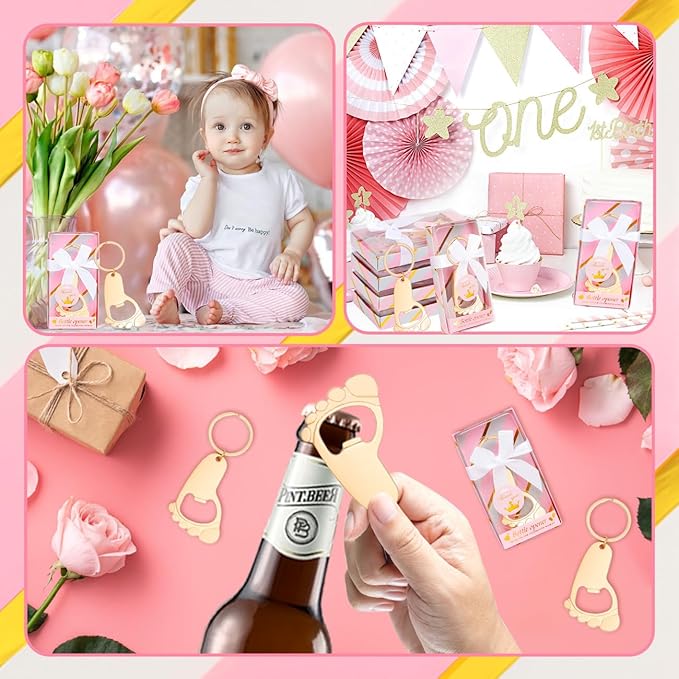 24Pcs Baby Girl Foot Keychain Footprint Bottle Openers Small Foot Bottle Opener Keychain Souvenir for Guests Baby Shower Return Gift for Party Favors with Pink Boxes Gifts or Decorations