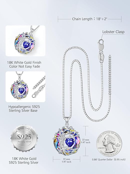 TOUPOP Tree of Life Birthstone Necklace 925 Sterling Silver Pendant Austrian Crystal Jewelry Anniversary Valentine's Day Birthday Gifts for Women Mom Her Wife