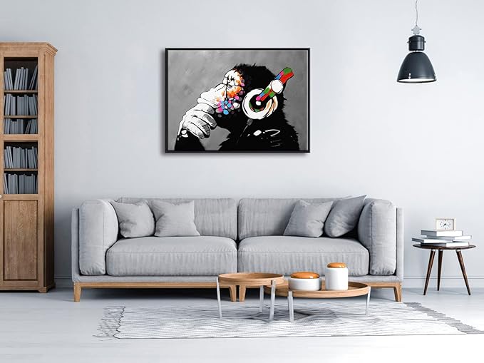 Wieco Art Black Framed Monkey With Headphones Banksy Graffiti Art Abstract Canvas Painting Posters and Prints Animal Canvas Wall Art for Wall Decor and Home decorations
