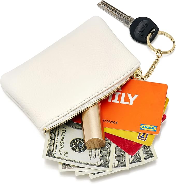 WOZEAH Artificial Leather Coin Purse Change Purse With Key Chain Ring Zipper For Men Women (A White)