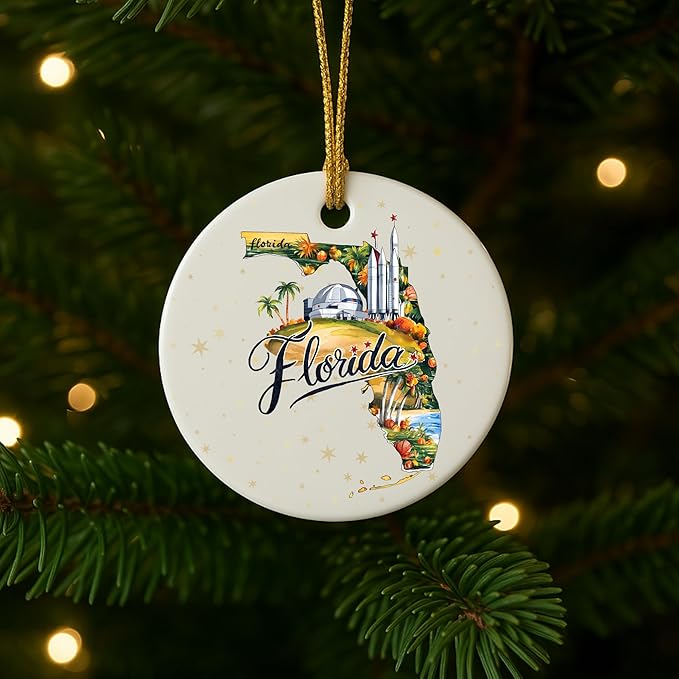 USA State Landmark Ceramic Ornament – Round Glossy Christmas Decoration Featuring U.S. State Art, Landmarks & Holiday Scenery – Collectible Travel Souvenir Ornament Series (Florida)