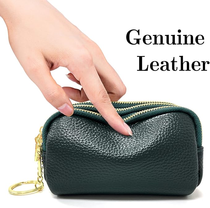 LINNO 3 Zippered Genuine Leather Coin Purse Triple Capacity Change Pouch Little Travel Wallet With Key Ring for Women