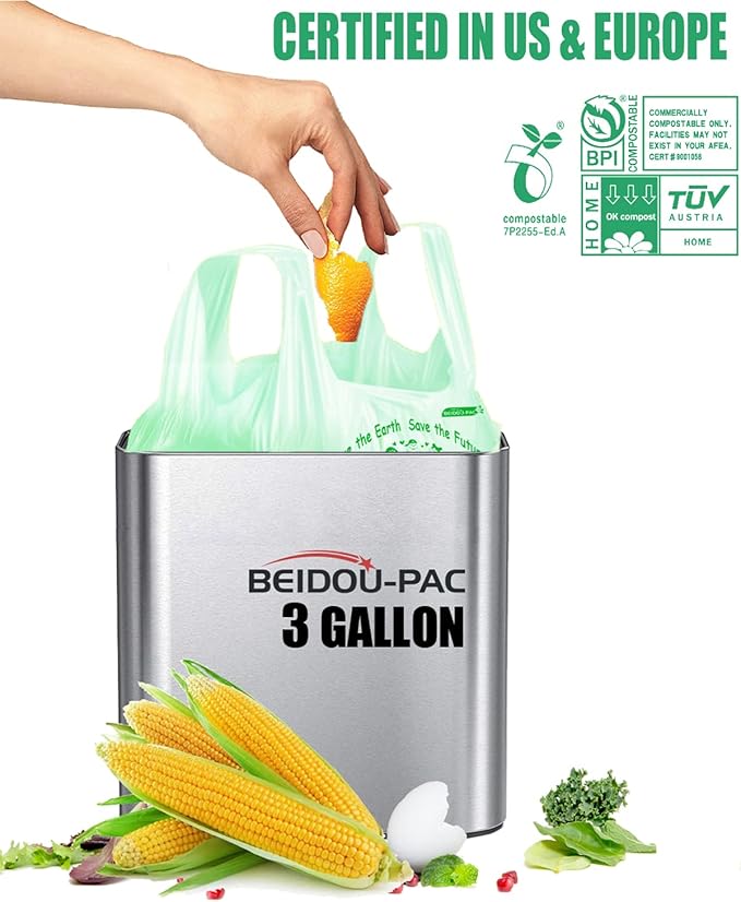 BEIDOU-PAC 100% Compostable Trash Bags, 3 Gallon Compost Bags Small Kitchen Trash Bags with Handle, 100 Count Sturdy Biodegradable Garbage Bags Food Scrap Waste Bags, ASTM D6400, US BPI Certified