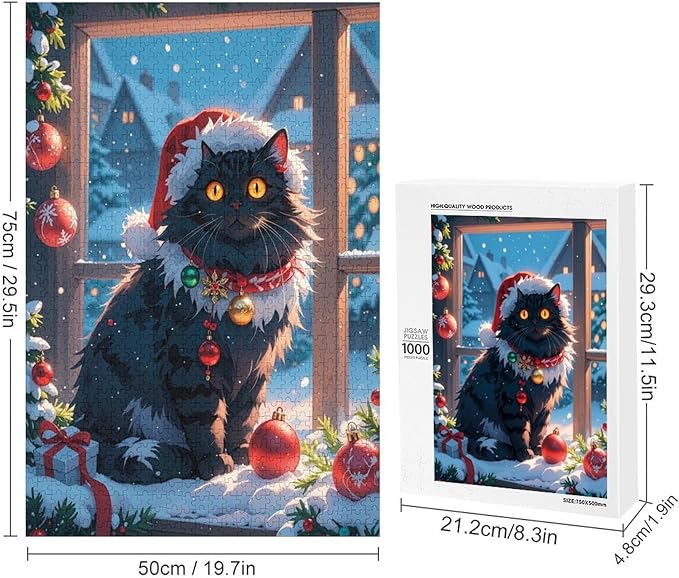 Jigsaw Puzzles for Adults 1000 Piece - Christmas Black Cat Wooden Puzzles, Unique Gifts for Wall Art，Family Puzzles，Educational Games，Challenge Puzzles