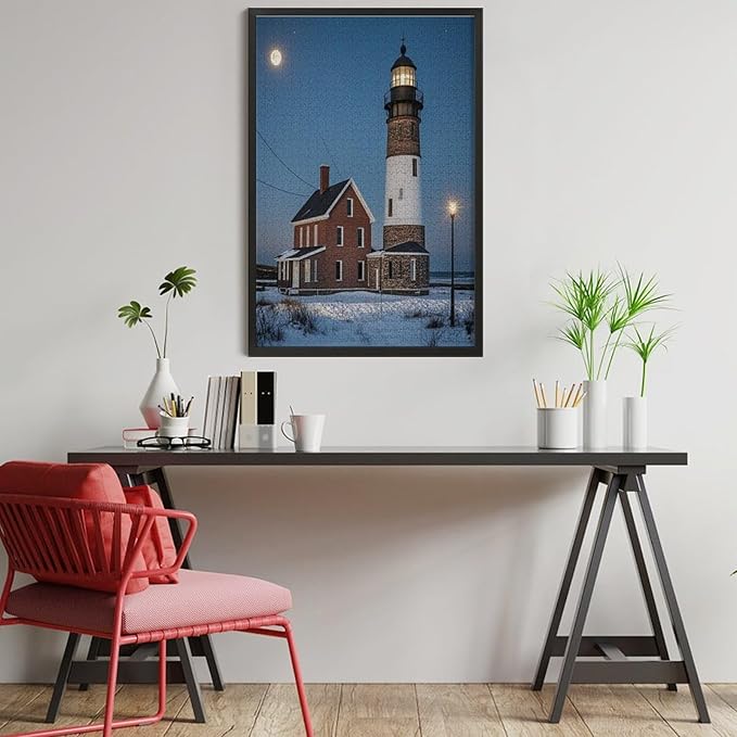 Puzzles for Adults 1000 Pieces Wooden Jigsaw Puzzle - Lighthouse Near Building Winter Theme Puzzle，Party Games，Family Toys，Educational Puzzles，Stress Relief Wooden Puzzle，Gifts for Family and Friends