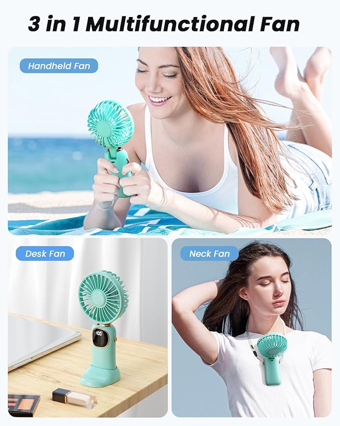 coldSky Portable Handheld Fan, 4000mAh Battery Operated Fan with LED Display, Handheld/Neck/Desk 3 in 1 Personal Small Fans, 90° Foldable Desk Fan with Base, 5 Speed Makeup Lash Fan for Women Green