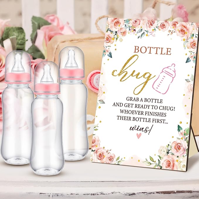 TrelaCo Floral Cool Baby Shower Games Bottle Chug Sign Wooden Floral Gift Sets Gender Reveal Party Favors and 12 Pcs Baby Bottle Shower Supplies for Games Gender Reveal