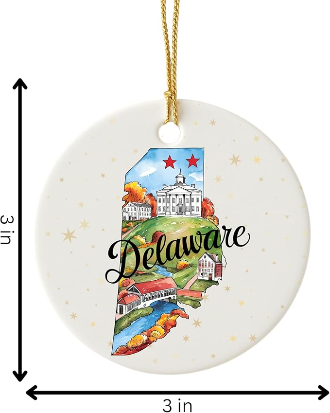 USA State Landmark Ceramic Ornament – Round Glossy Christmas Decoration Featuring U.S. State Art, Landmarks & Holiday Scenery – Collectible Travel Souvenir Ornament Series (Delaware)