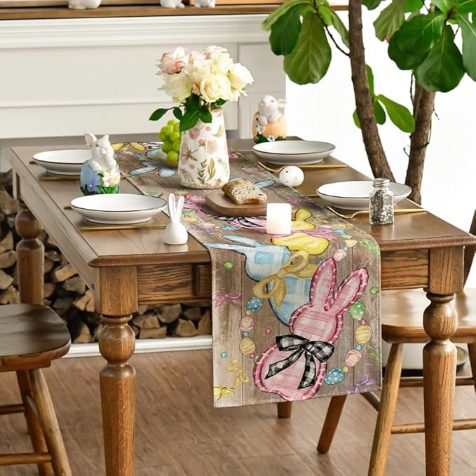 Artoid Mode Wood Floral Bow Bunny Rabbits Eggs Easter Table Runner, Seasonal Spring Kitchen Dining Table Decoration for Home Party Decor 13x72 Inch