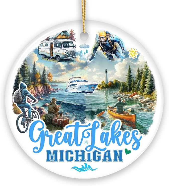 Artistic Great Lakes Michigan State Ornament, Ceramic Landscapes and Travel Souvenir and Gift (Version 2)