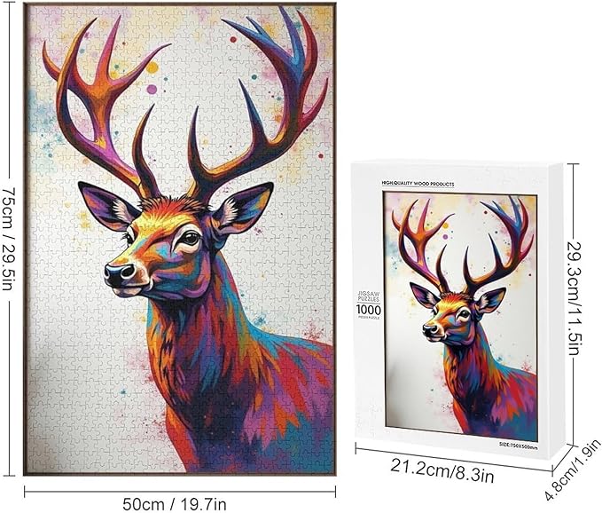 Wooden Puzzles 1000 Piece，Color Abstract Deer Painting Themed Jigsaw Puzzles，Challenge Puzzles，Educational Games，Family Puzzles，Unique Gifts for Wall Art，Funny Puzzles，Stress Relief Games