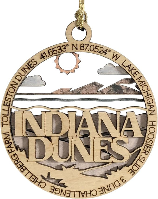 Indiana Dunes National Park 3" Wood Ornament - Laser Cut Christmas Decoration Featuring Dunes Scene