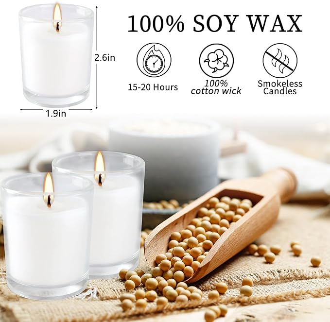 48 Pack White Unscented Clear Glass Filled Votive Candles. Hand Poured Wax Candle Ideal Gifts for Home Décor Parties Weddings Holidays and Meditation (White)