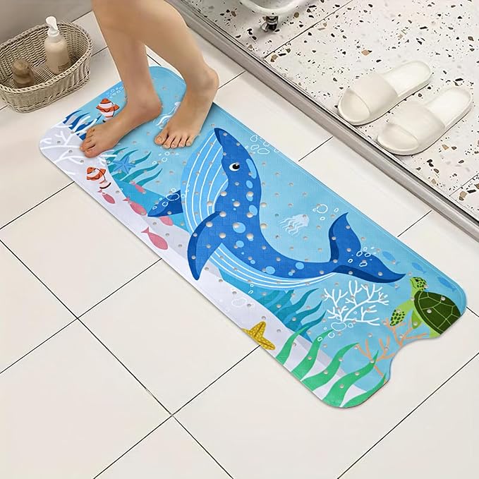 Vanleonet Baby Bathtub Mat Non Slip, 40''x16'' Bathtub Mat for Kids, Cartoon Tub Mats Non Slip with Suction Cups & Drain Holes, Machine Washable, Whale, Sea Turtle