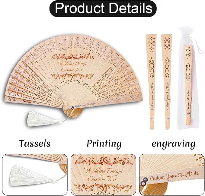 Personalized Wedding Fans for Guests Custom Wooden Folding Handheld Fans Bulk with Organza Bags Tassels for Wedding Graduation Party (50)