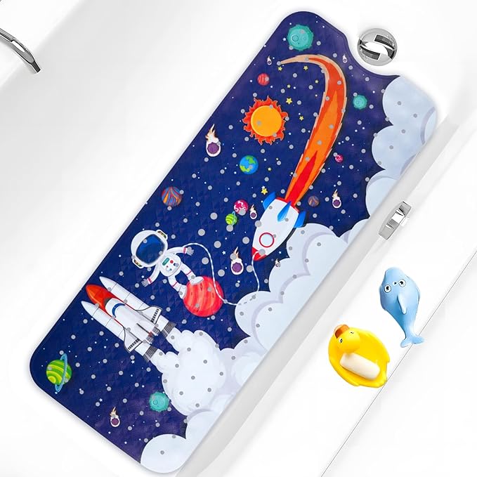 Baby Bath Mat for Tub Non Slip Kids Bathtub Mat Extra Long 40X16 Inch Toddler Bath Tub Shower Mat Anti Slip with Suction Cups & Drain Holes, Machine Washable (Space)