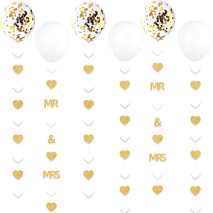 Gold Wedding Party Decorations Gold/White Heart Mr and Mrs Garland with Balloons for Bridal Shower Engagement Bachelorette Party