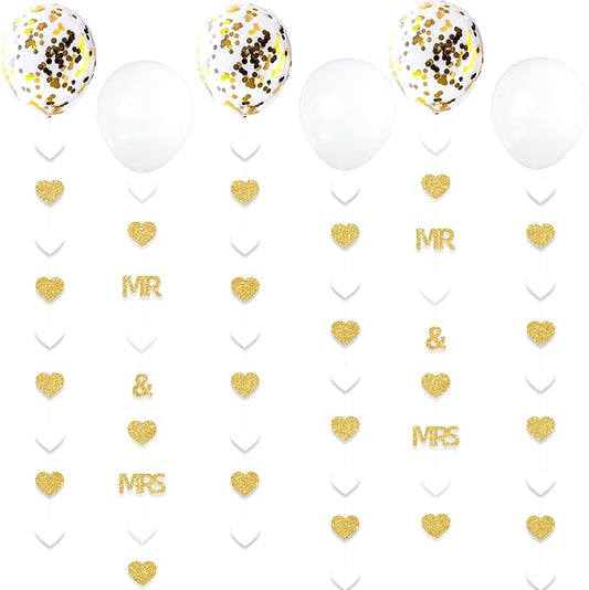 Gold Wedding Party Decorations Gold/White Heart Mr and Mrs Garland with Balloons for Bridal Shower Engagement Bachelorette Party