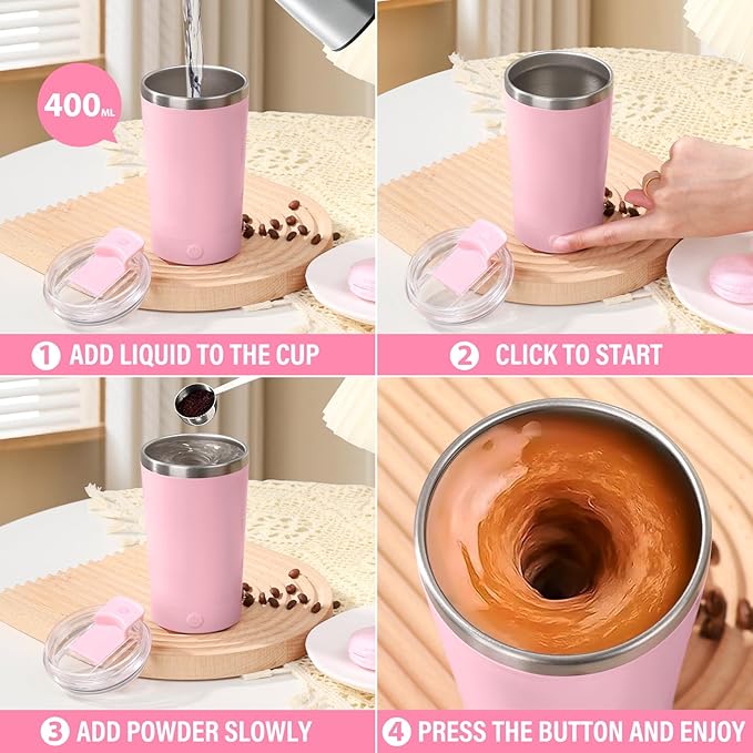 hatisan Self Stirring Coffee Mug With Lid Electric High Speed Self Stirring Mug 400ml Rechargeable Detachable Stainless Steel Self Stirring Cup for Coffee, Milk, Cocoa Christmas Gift(Pink)