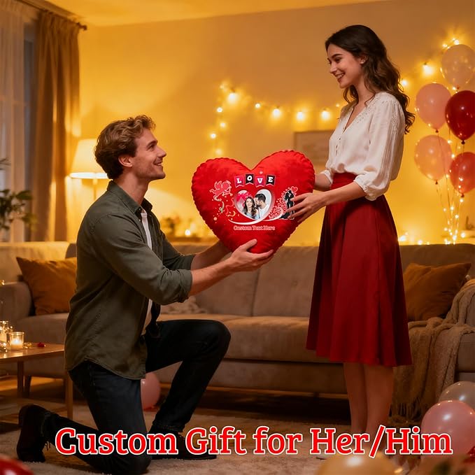 Custom Heart Pillow with Photo Name, Personalized Heart Pillows Decorative Throw Pillows as Valentine Pillow Personalized Gifts for Women Men Kids Family on Valentines Day Anniversary
