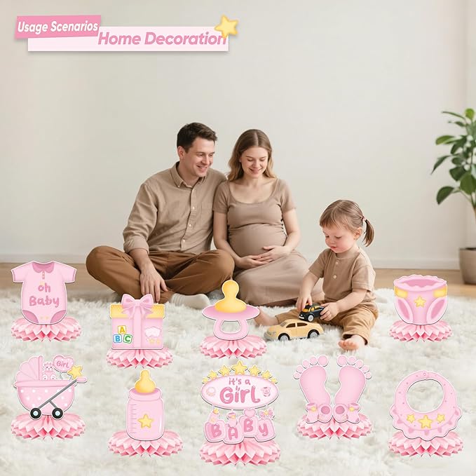 9Pcs Baby Shower Decorations Honeycomb Centerpieces for Girl, Cute Pattern It's a Girl Gender Reveal Table Centerpiece, Gender Reveal Party Supplies (Pink)