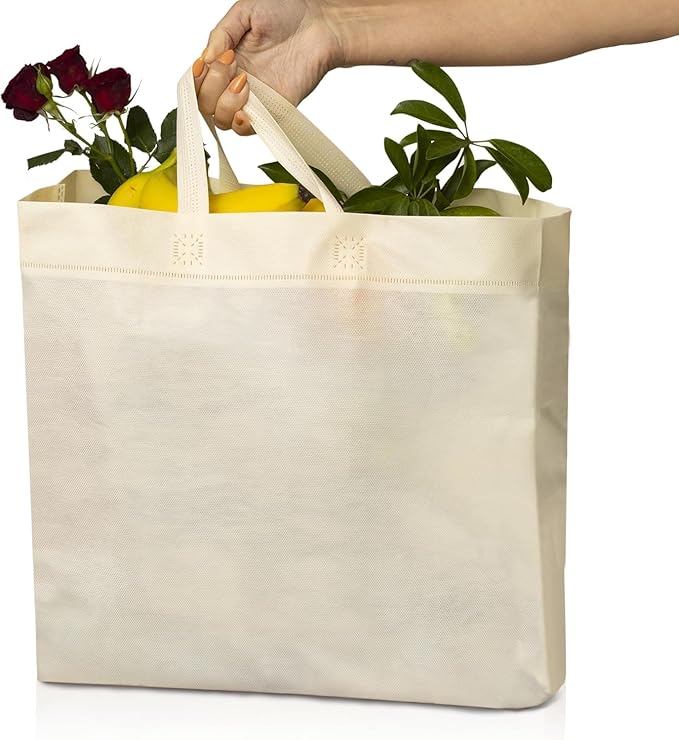 Simply Cool 200 Pack Reusable Eco-Friendly Grocery Shopping Bags 12.6"x6.3"x11.8" Durable, Recyclable, Washable, Foldable, Portable Tote Bags Bulk (Cream)