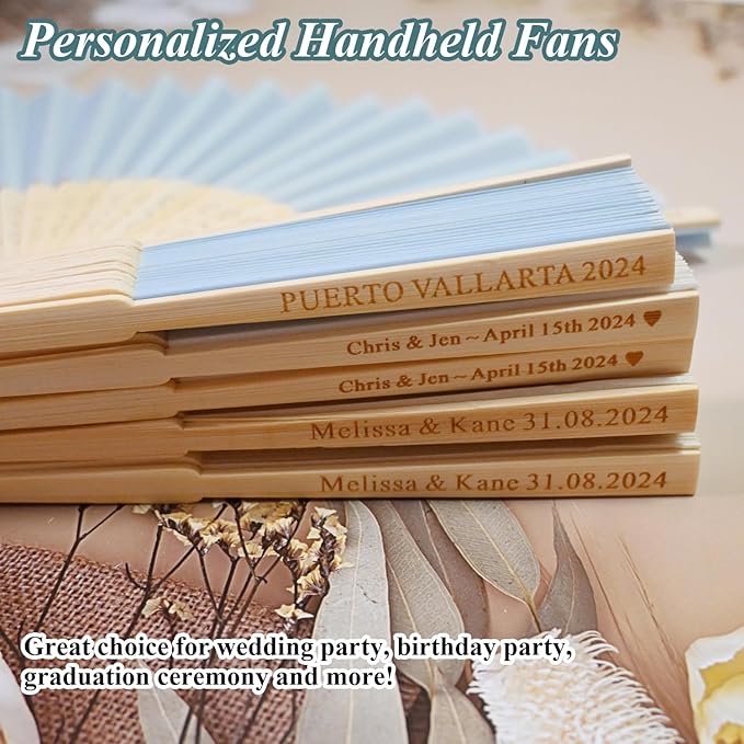 Personalized Engraved Silk Fans Folding Hand Fans 10 Pcs, Light Blue Summer Wedding Fans, Custom Imitated Silk-Bamboo Fans for Guests Wedding Party Favor Bridal Shower Gifts Party Decoration