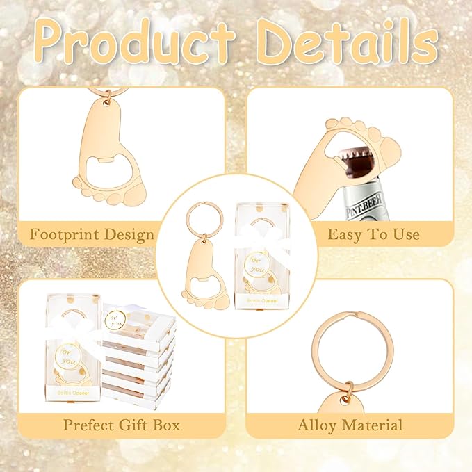 50Pcs Baby Footprint Keychain Small Foot Bottle Opener Key chain Baby Shower Footprint Keychains Foot Bottle Opener Souvenir for Guests Baby Shower Return Gifts for Party Favors with White Boxes