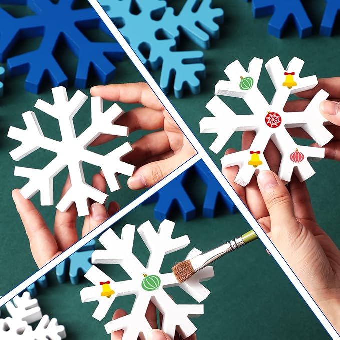 Blulu 4 Pcs Winter Wooden Snowflakes Decor Tabletop Decorations Christmas Snowflake Signs Winter Wooden Xmas Standing Table Sign Christmas Fireplace Decoration for Party Birthday(White and Blue)