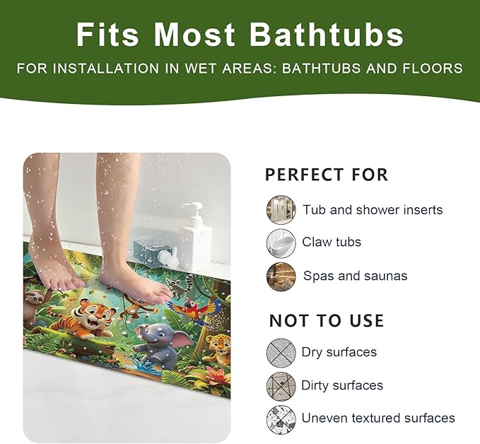 XIYUNTE Upgrade Baby Bath Mat Non Slip - 40"x16" Extra Long Kids Bath Mat for Tub Non Slip Bathtub Mat Eco-Friendly Toddler Bath Mats with Suction Cups, Machine Washable and No Fading, Animal Forest