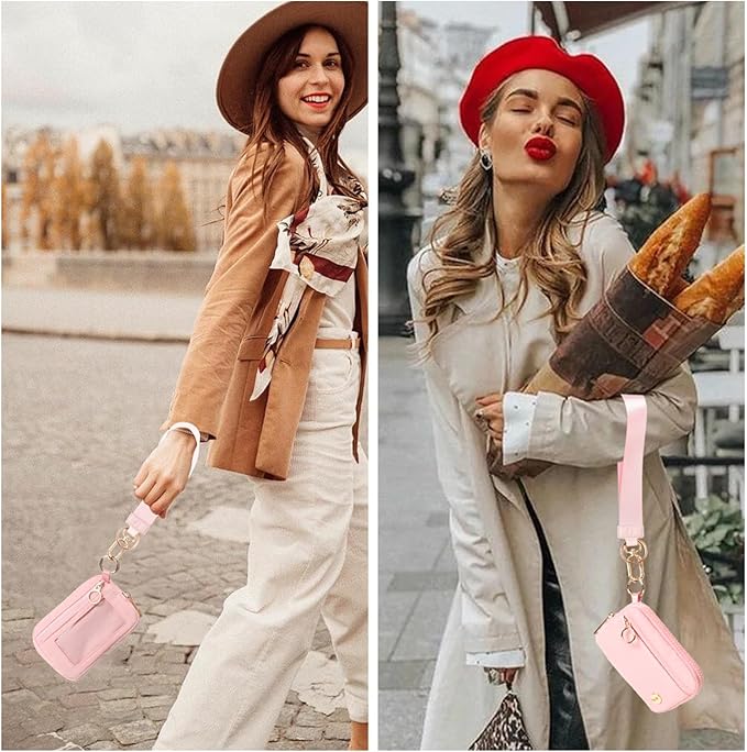 Wristlet Keychain Wallets for Women RFID Blocking Credit Card Holder Small Zipper Coin Purse Change Pouch with ID Window and Detachable Wrist Strap Pink